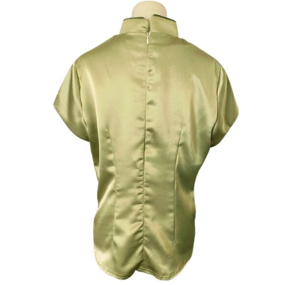 Asian Satin Blouse XL Top Office Siren Geisha Mandarin Collar Chartreuse Vintage - Picture 5 of 16